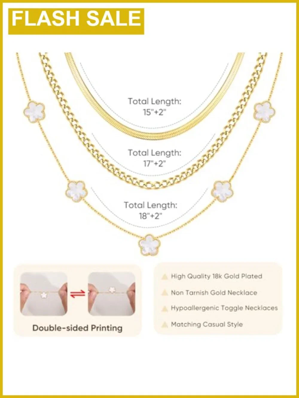 18K Gold Plated Layered Necklace Set 3Pc Herringbone Cuban Link Floral
